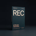 Recipe Generator prompts for Claude by KissMySkills, deep midnight-teal laid paper cover with the monogram REC
