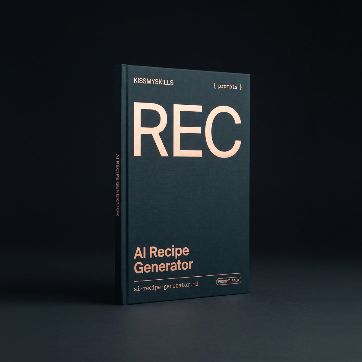 Recipe Generator prompts for Claude by KissMySkills, deep midnight-teal laid paper cover with the monogram REC