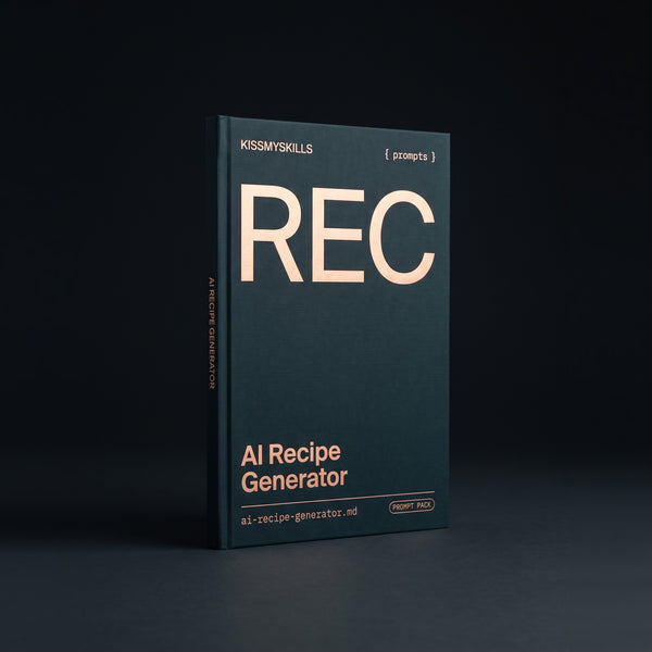 Recipe Generator prompts for Claude by KissMySkills, deep midnight-teal laid paper cover with the monogram REC