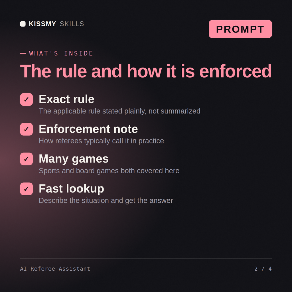 What's inside the AI Referee Assistant AI prompt: Exact rule, Enforcement note, Many games, Fast lookup
