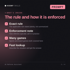 What's inside the AI Referee Assistant AI prompt: Exact rule, Enforcement note, Many games, Fast lookup