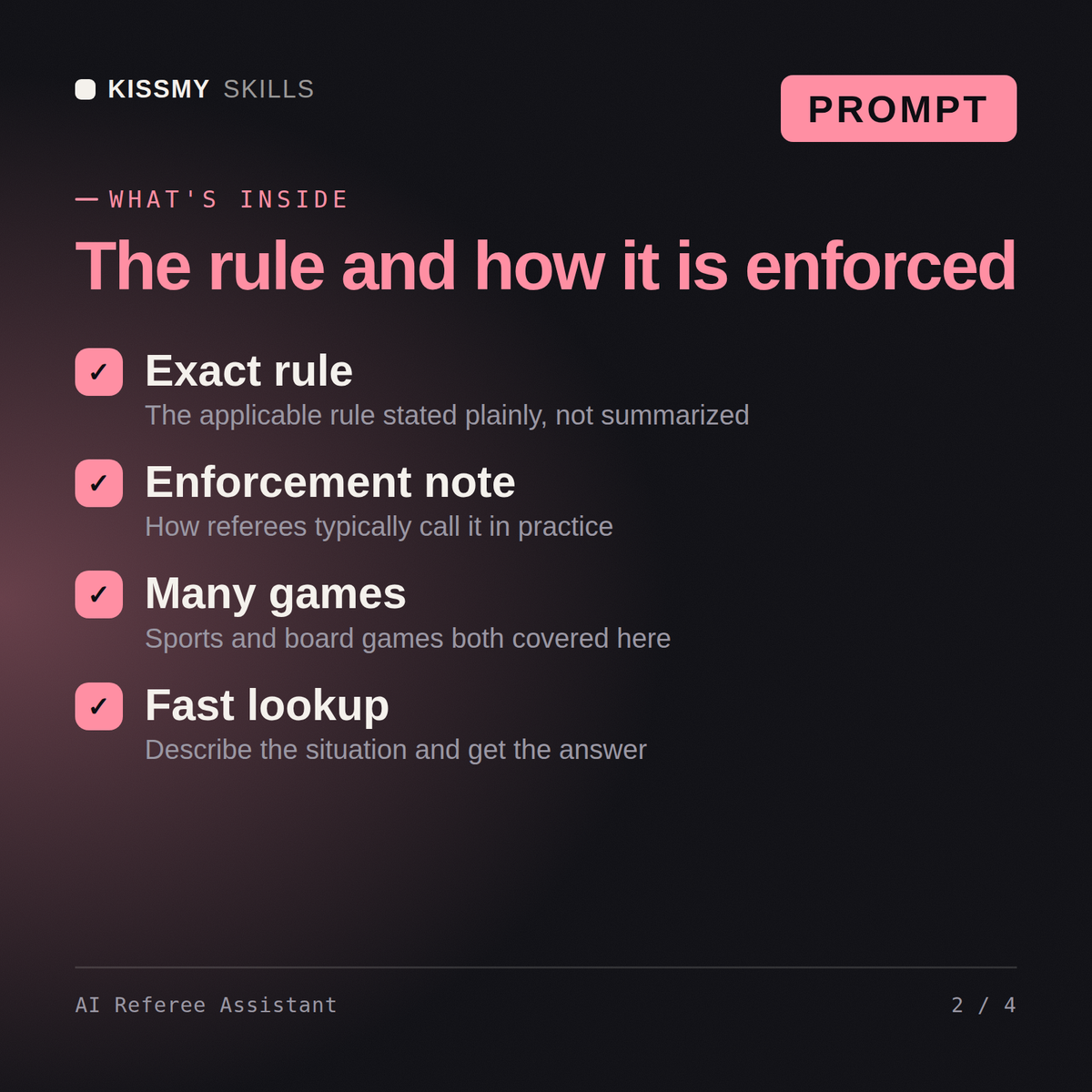 What's inside the AI Referee Assistant AI prompt: Exact rule, Enforcement note, Many games, Fast lookup