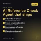What's inside the AI Reference Check Agent skill: Schedules reference, Sends structured written, Summarizes reference, Flags inconsistencies