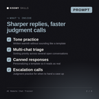 What's inside the AI Remote Chat Trainer AI prompt: Tone practice, Multi-chat triage, Canned responses, Escalation calls