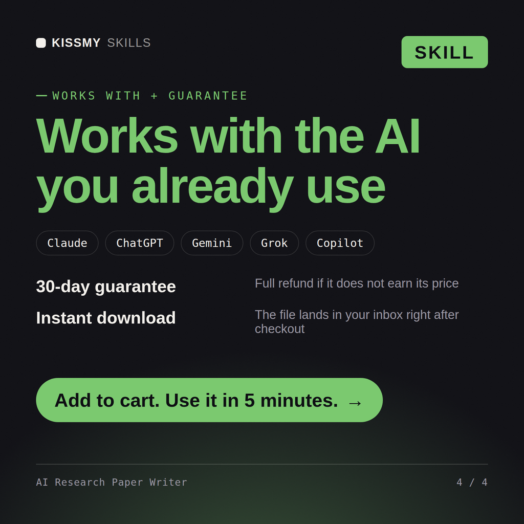 The AI Research Paper Writer AI skill works with Claude, ChatGPT, Gemini and any AI chat, 30-day money-back guarantee