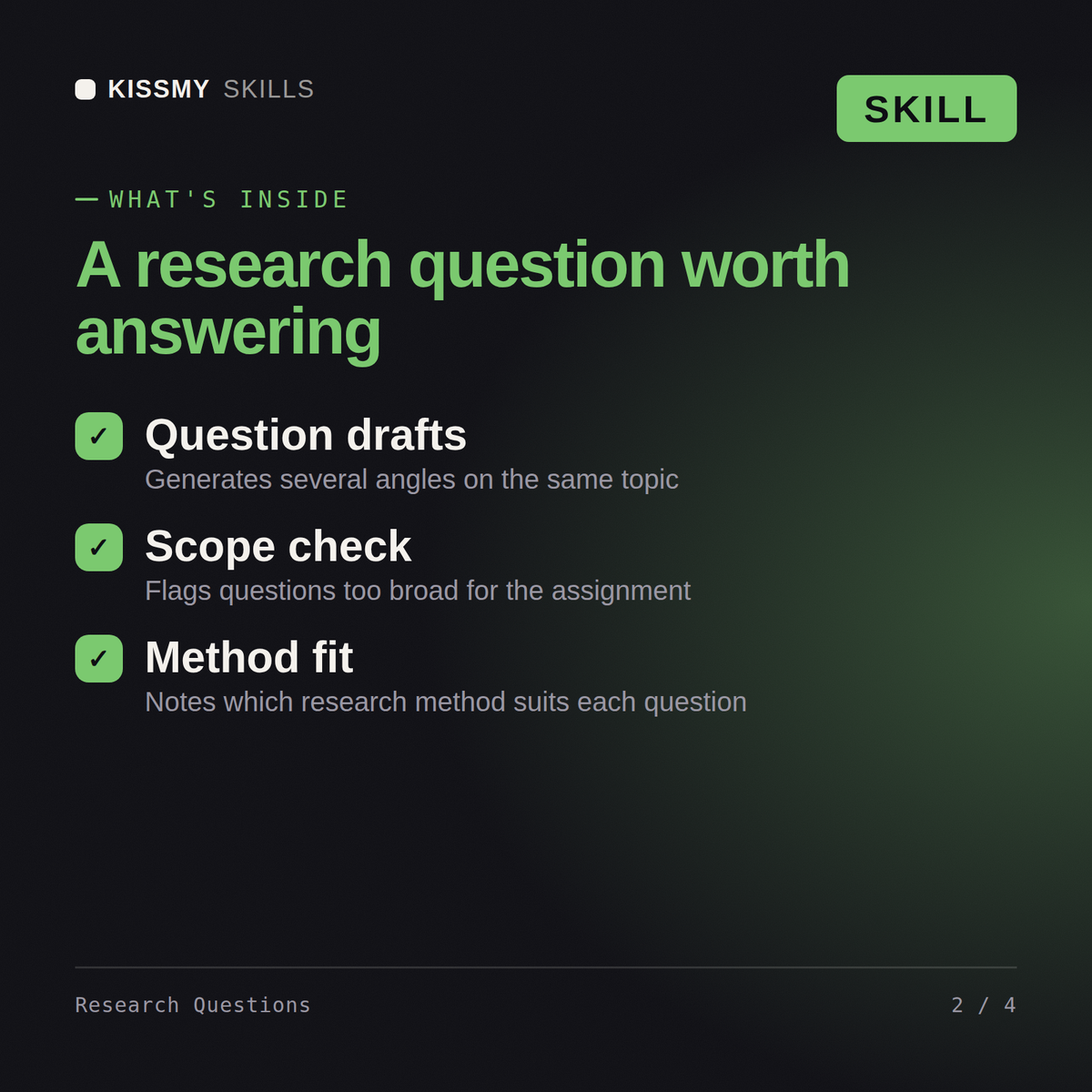 What's inside the Research Questions AI skill: Question drafts, Scope check, Method fit