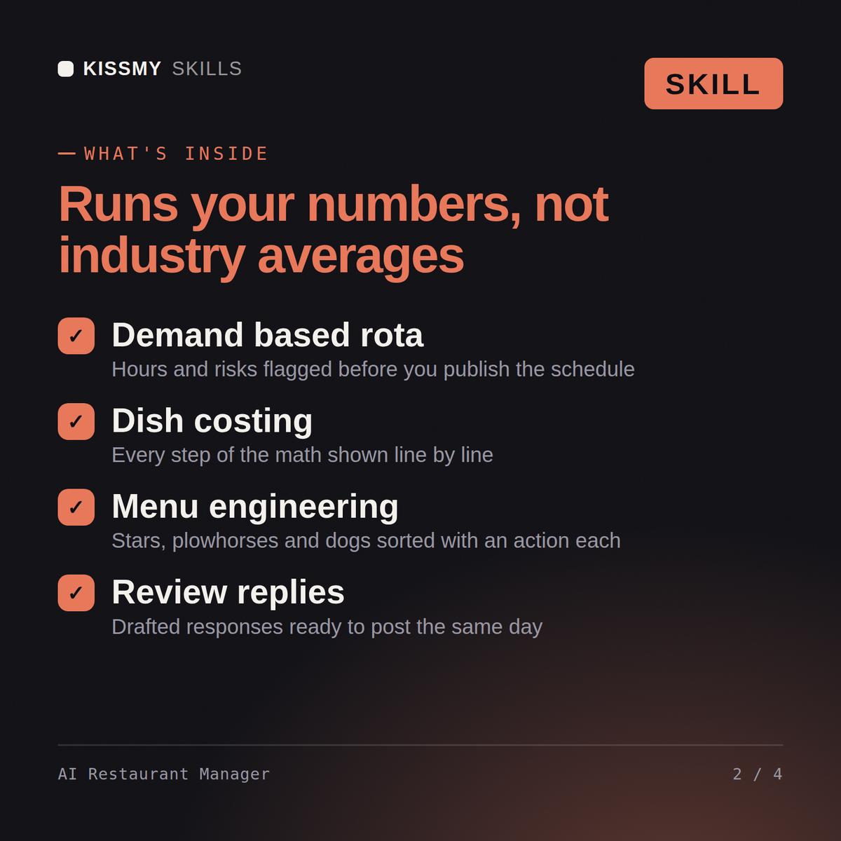 What's inside the AI Restaurant Manager AI skill: Demand based rota, Dish costing, Menu engineering, Review replies