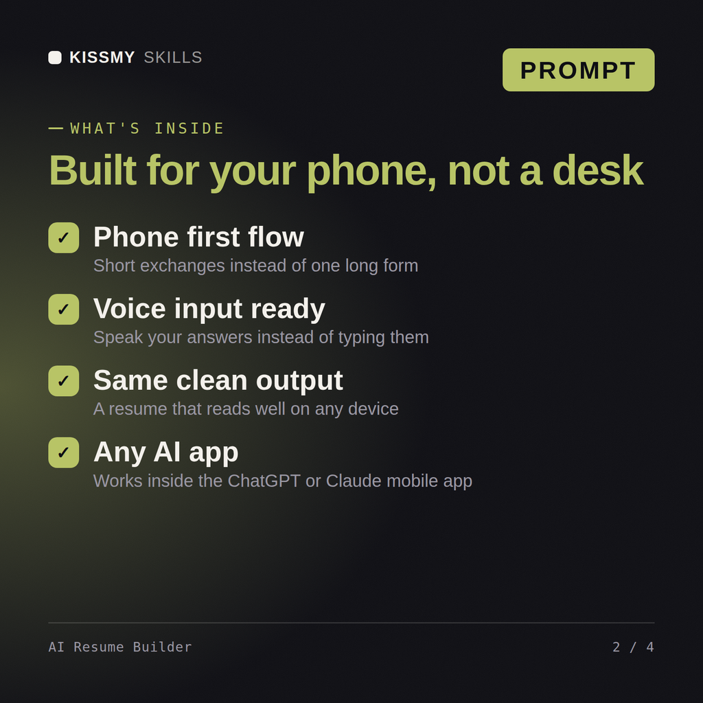What's inside the AI Resume Builder AI prompt: Phone first flow, Voice input ready, Same clean output, Any AI app