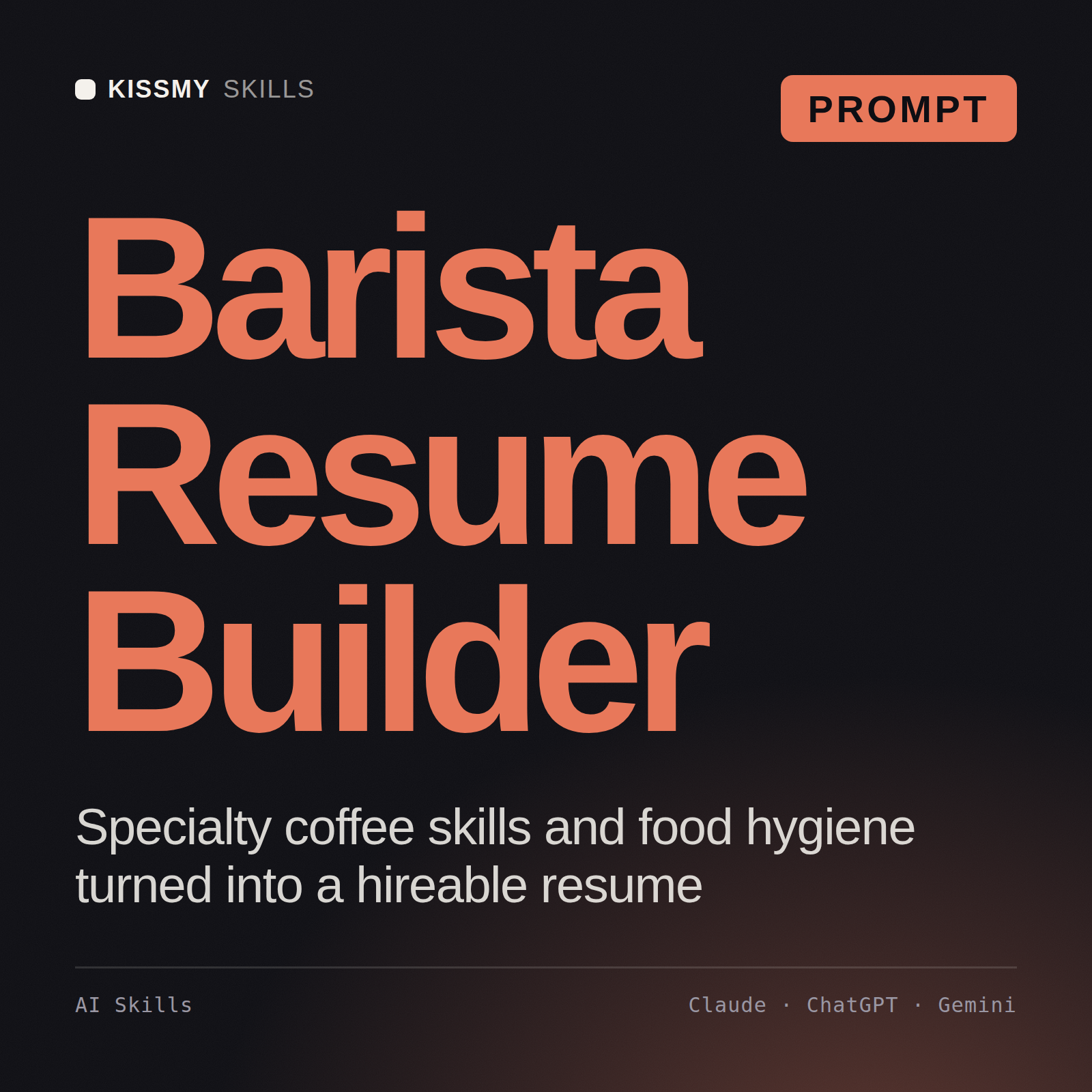 Barista Resume Builder AI prompt by KissMySkills, cover