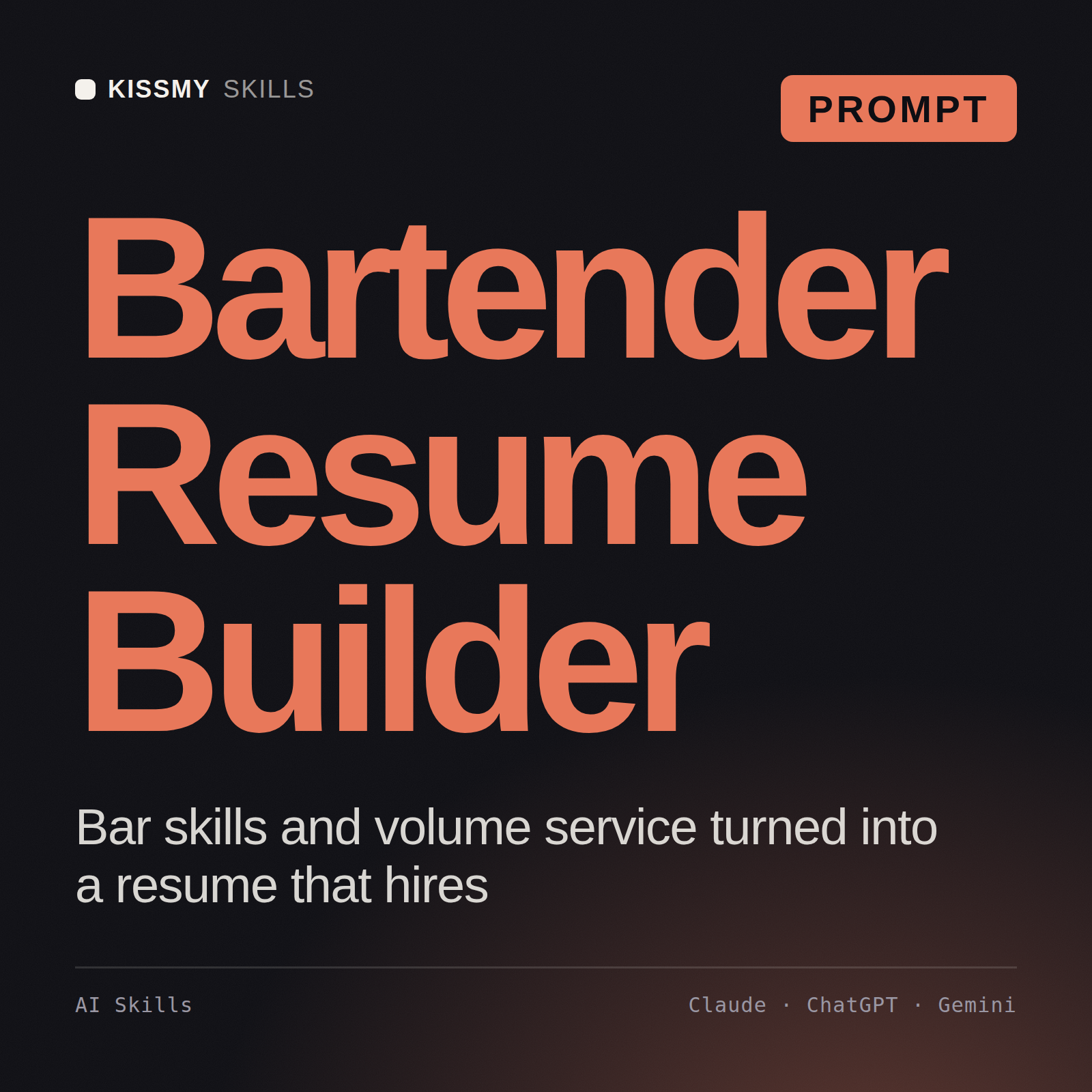 Bartender Resume Builder AI prompt by KissMySkills, cover