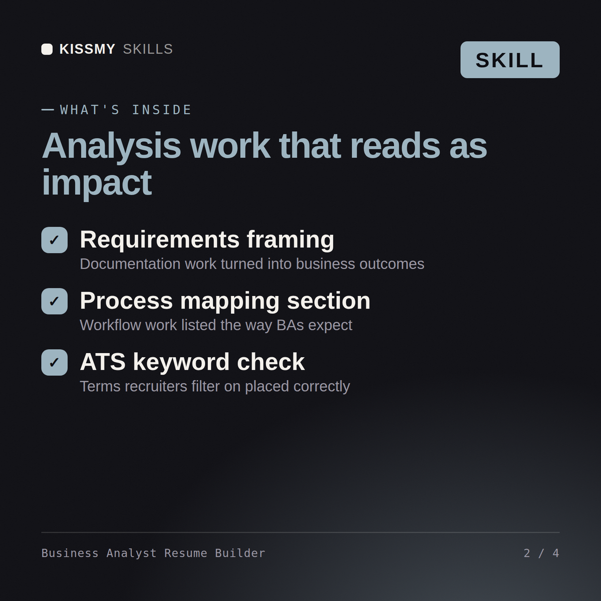 What's inside the Business Analyst Resume Builder AI skill: Requirements framing, Process mapping section, ATS keyword check