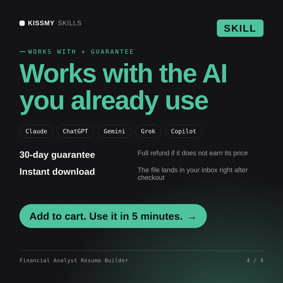 The Financial Analyst Resume Builder AI skill works with Claude, ChatGPT, Gemini and any AI chat, 30-day money-back guarantee