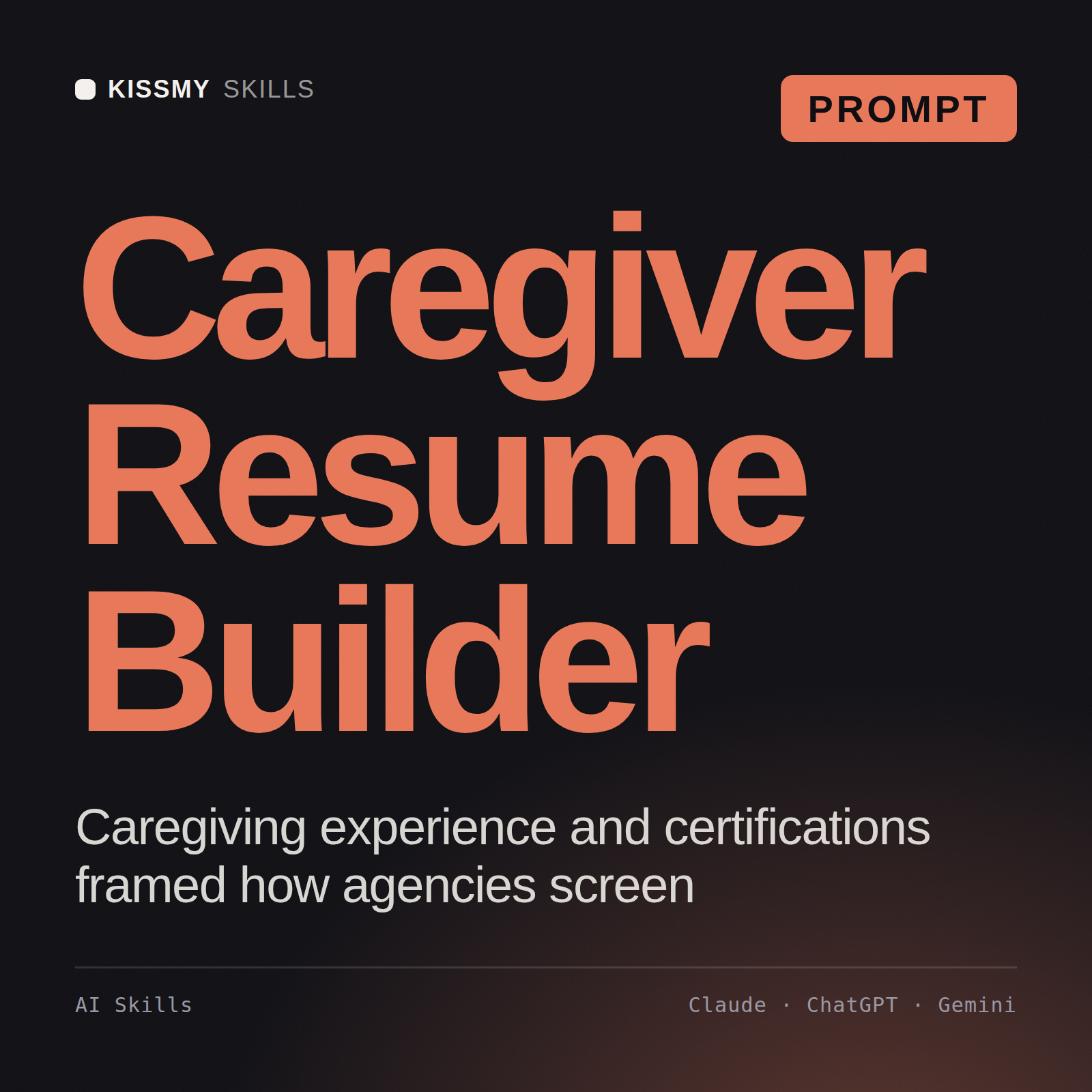 Caregiver Resume Builder AI prompt by KissMySkills, cover