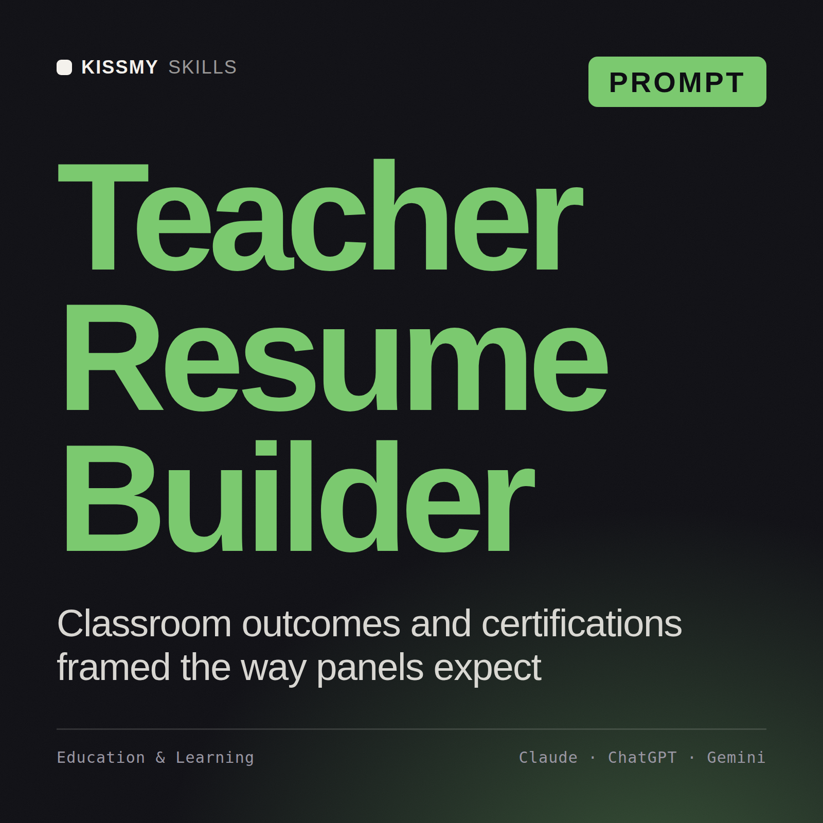 Teacher Resume Builder AI prompt by KissMySkills, cover