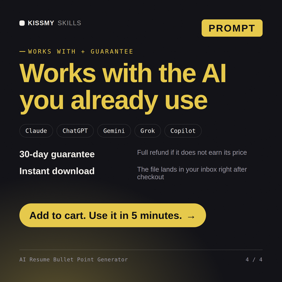 The AI Resume Bullet Point Generator AI prompt works with Claude, ChatGPT, Gemini and any AI chat, 30-day money-back guarantee