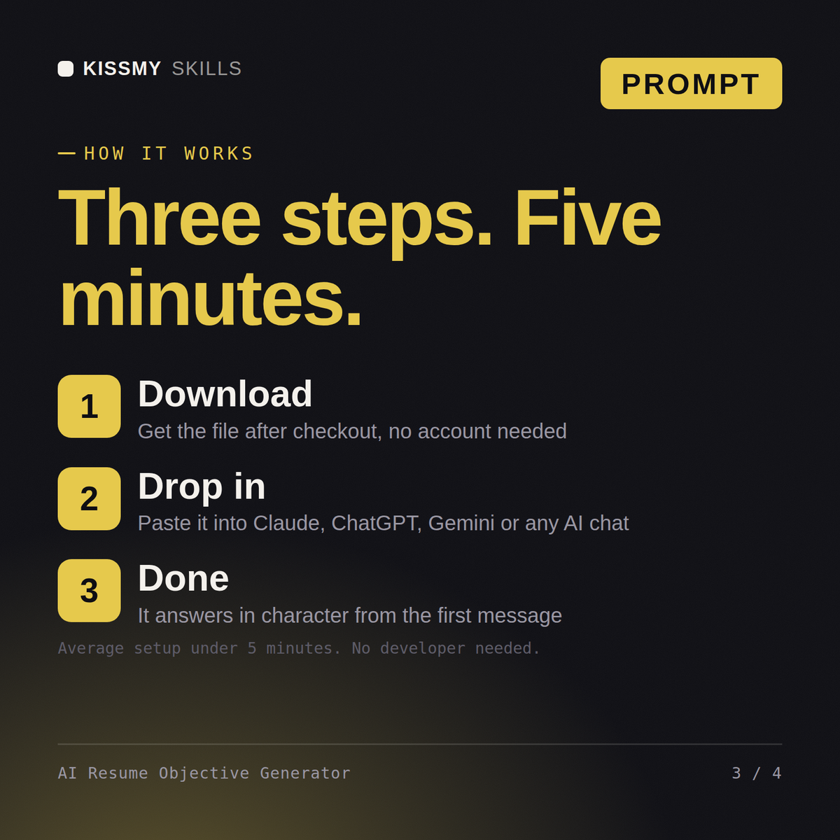 How the AI Resume Objective Generator AI prompt works in three steps: download, drop it into your AI chat, done
