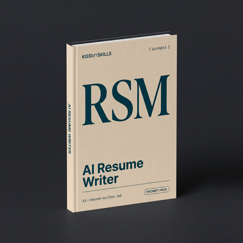 Resume Writer prompts for Claude by KissMySkills, pale warm sand cotton-rag paper cover with the monogram RSM