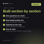 What's inside the AI Resume Writer AI prompt: One question at a time, Real detail pulled out, Tailored to the role, Any AI chat