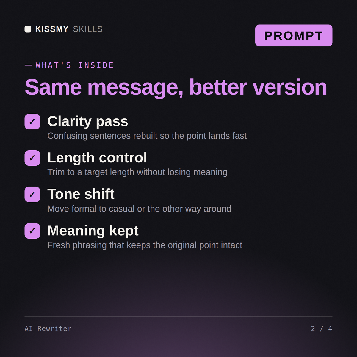 What's inside the AI Rewriter AI prompt: Clarity pass, Length control, Tone shift, Meaning kept
