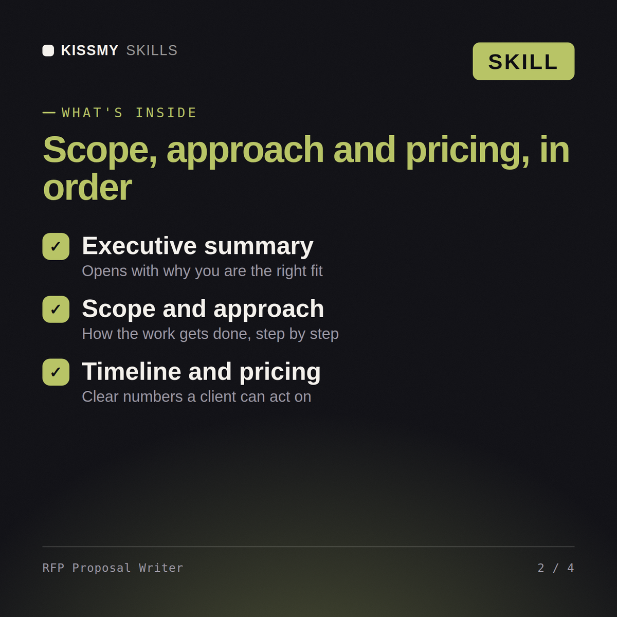 What's inside the RFP Proposal Writer AI skill: Executive summary, Scope and approach, Timeline and pricing