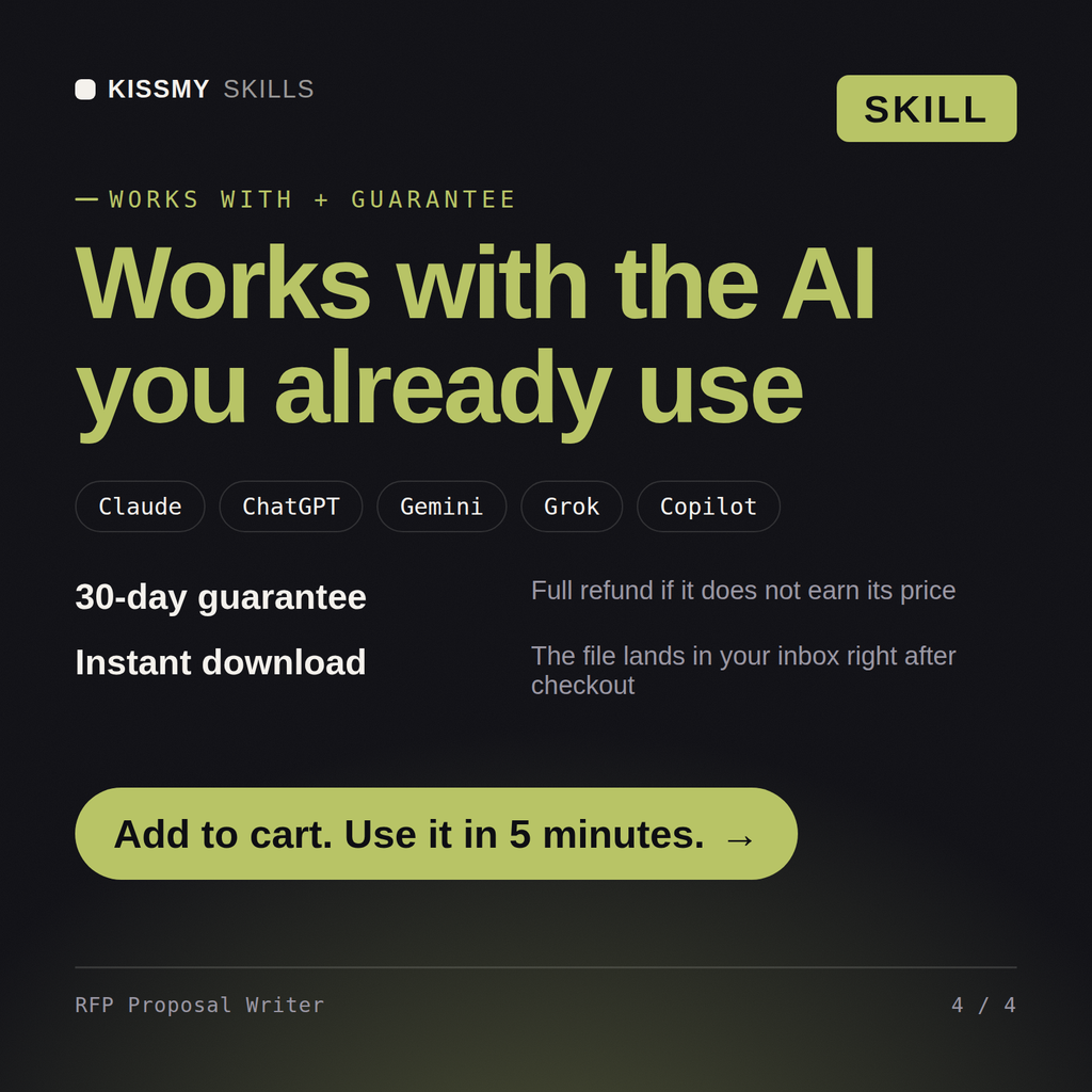 The RFP Proposal Writer AI skill works with Claude, ChatGPT, Gemini and any AI chat, 30-day money-back guarantee