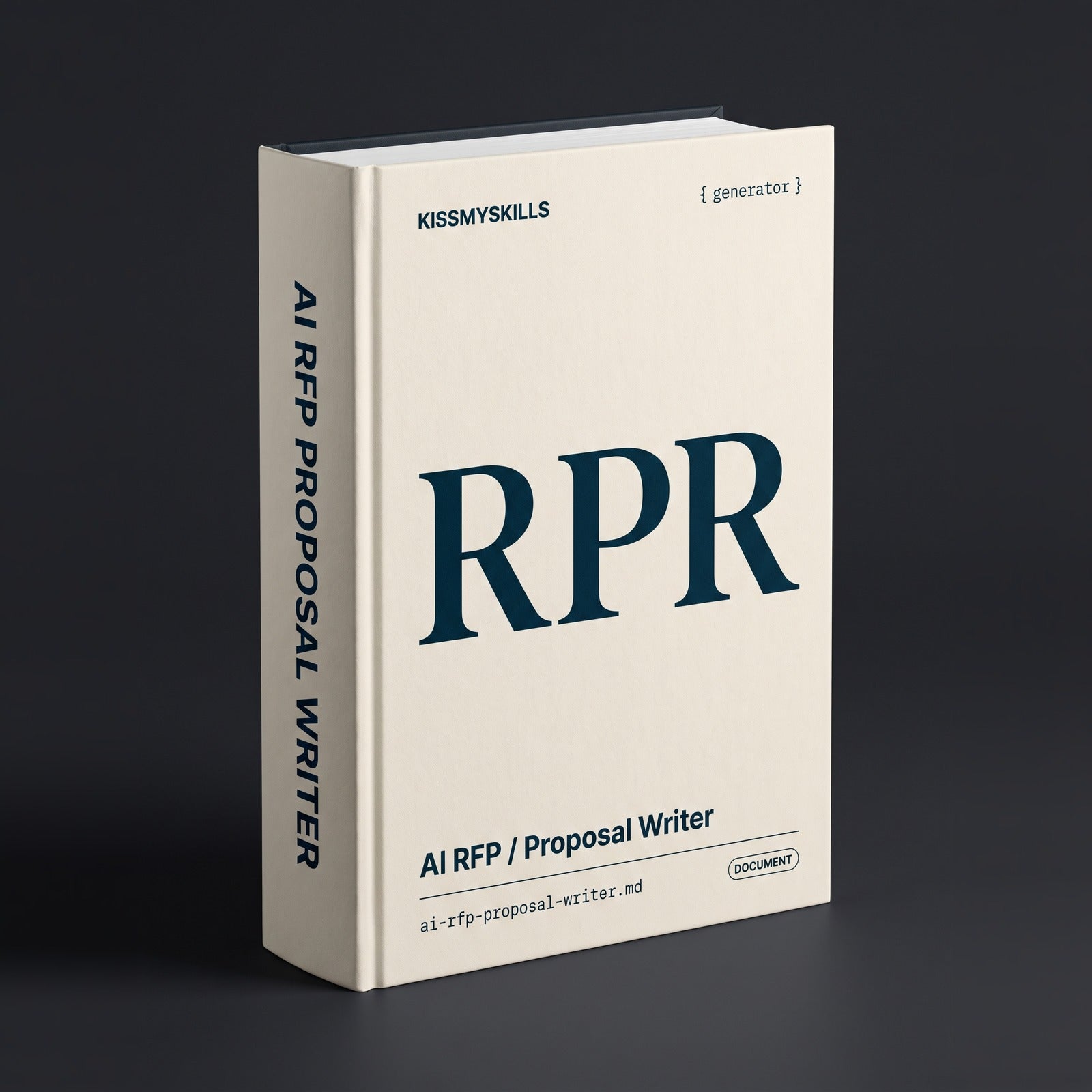 RFP / Proposal Writer Claude skill by KissMySkills, pale warm ivory cotton-rag paper cover with the monogram RPR