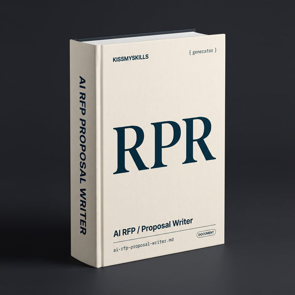 RFP / Proposal Writer Claude skill by KissMySkills, pale warm ivory cotton-rag paper cover with the monogram RPR