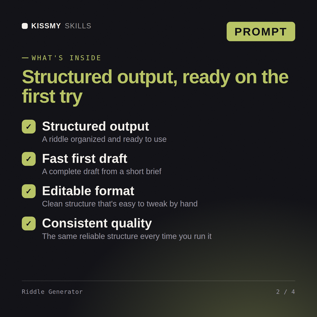 What's inside the Riddle Generator AI prompt: Structured output, Fast first draft, Editable format, Consistent quality