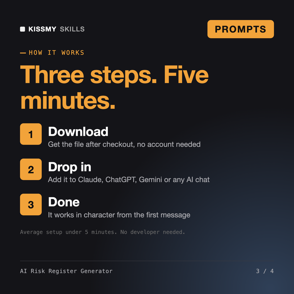 How the AI Risk Register Generator works in three steps: download, drop it into your AI chat, done