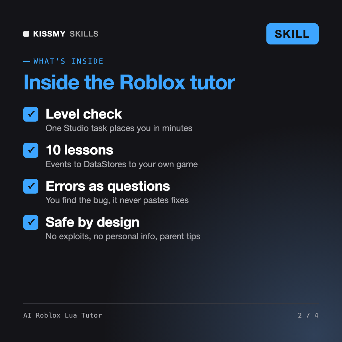 What's inside the AI Roblox Lua Tutor AI skill: Level check, 10 lessons, Errors as questions, Safe by design
