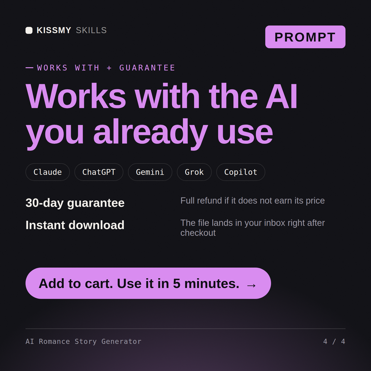 The AI Romance Story Generator AI prompt works with Claude, ChatGPT, Gemini and any AI chat, 30-day money-back guarantee