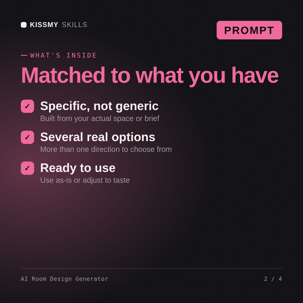 What's inside the AI Room Design Generator AI prompt: Specific, not generic, Several real options, Ready to use