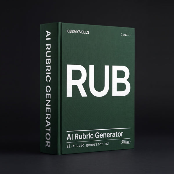 Rubric Generator Claude skill by KissMySkills, deep forest green bookcloth cover with the monogram RUB