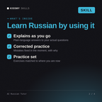What's inside the AI Russian Tutor AI skill: Explains as you go, Corrected practice, Practice set