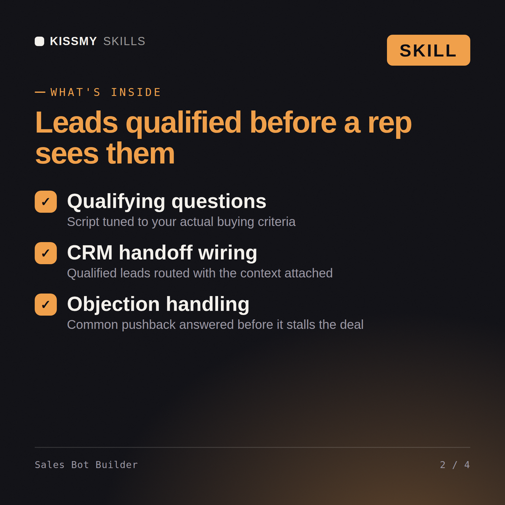 What's inside the Sales Bot Builder AI skill: Qualifying questions, CRM handoff wiring, Objection handling