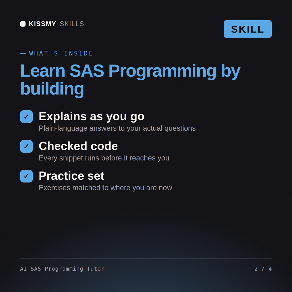 What's inside the AI SAS Programming Tutor AI skill: Explains as you go, Checked code, Practice set