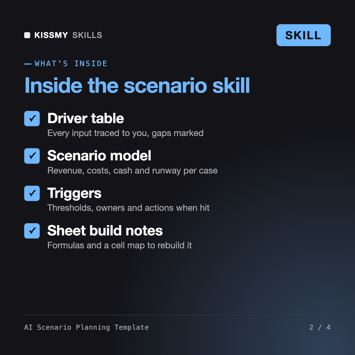 What's inside the AI Scenario Planning Template AI skill: Driver table, Scenario model, Triggers, Sheet build notes