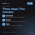How the AI Scenario Planning Template AI skill works in three steps: download, drop it into your AI chat, done