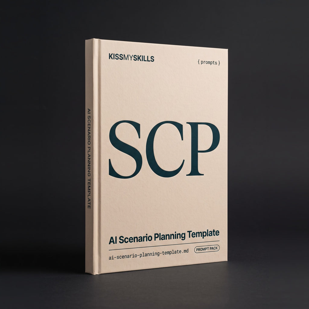 Scenario Planning Template prompts for Claude by KissMySkills, pale warm sand cotton-rag paper cover with the monogram SCP
