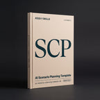 Scenario Planning Template prompts for Claude by KissMySkills, pale warm sand cotton-rag paper cover with the monogram SCP