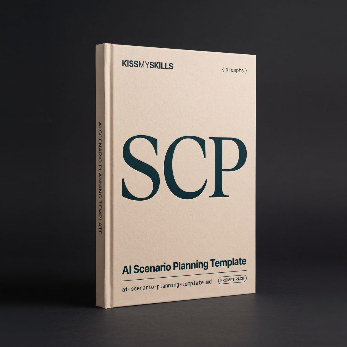 Scenario Planning Template prompts for Claude by KissMySkills, pale warm sand cotton-rag paper cover with the monogram SCP