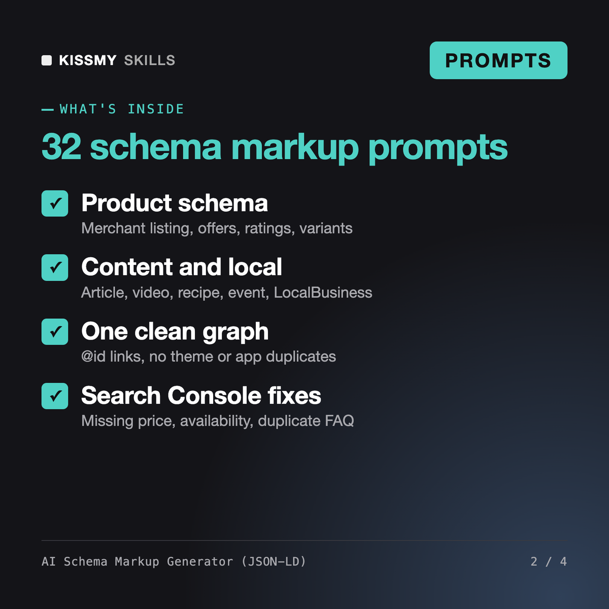 What's inside the AI Schema Markup Generator (JSON-LD): Product schema, Content and local, One clean graph, Search Console fixes
