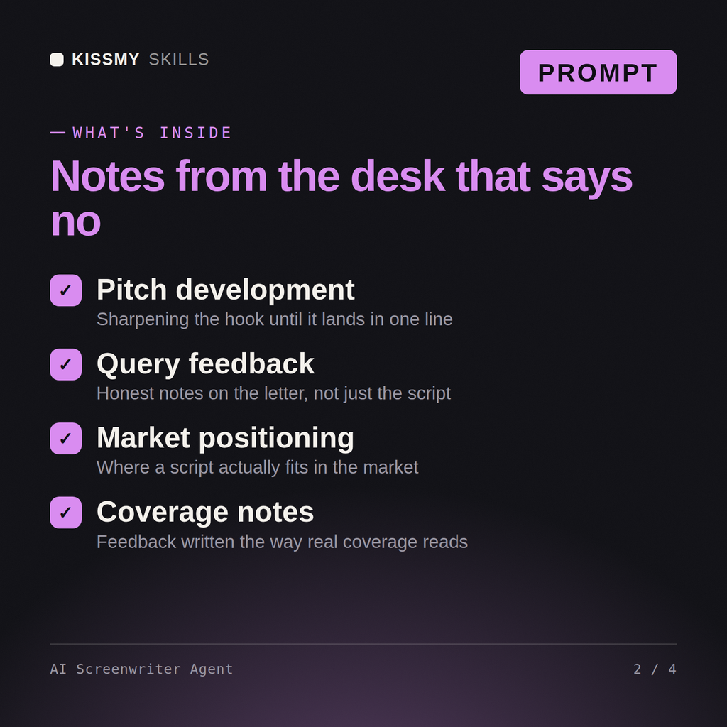 What's inside the AI Screenwriter Agent AI prompt: Pitch development, Query feedback, Market positioning, Coverage notes