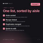 What's inside the AI Shopping List Maker AI prompt: Aisle sorted, Recipe linked, Duplicates merged, Quick to edit
