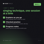 What's inside the AI Singing Coach AI skill: Explains as you go, Checked practice, Progress notes