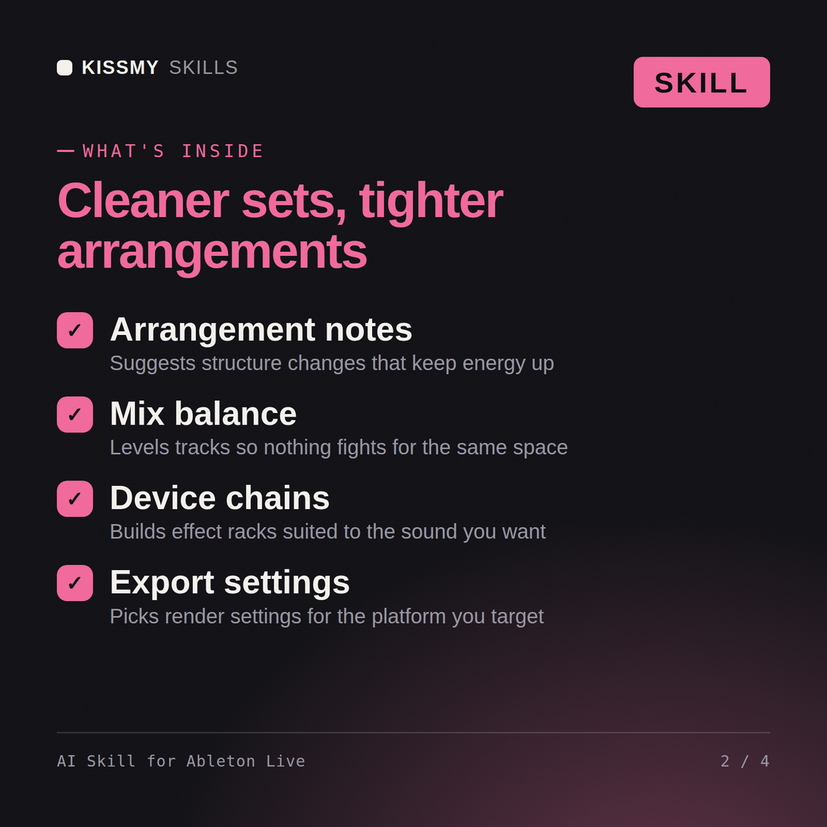 What's inside the AI Skill for Ableton Live AI skill: Arrangement notes, Mix balance, Device chains, Export settings