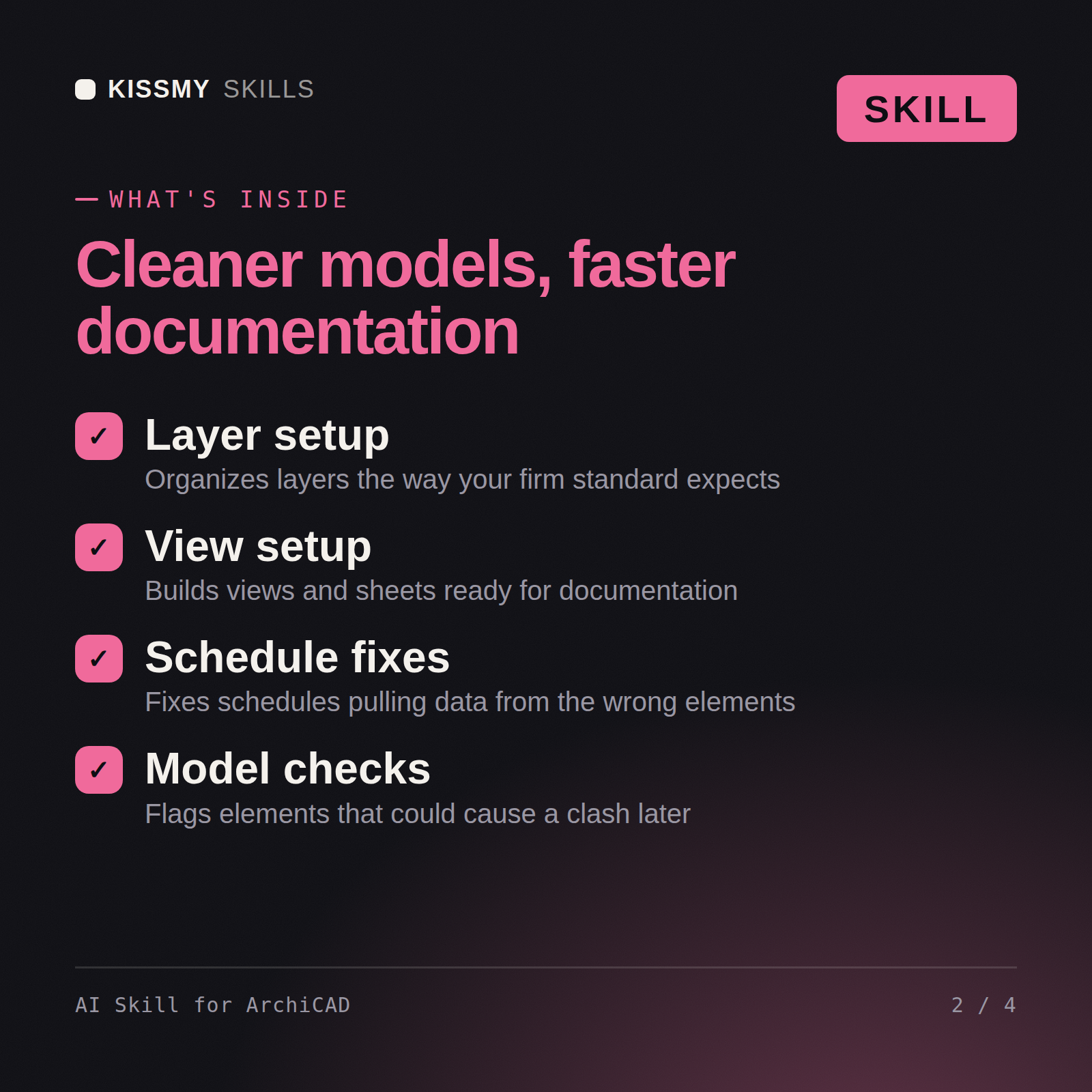 What's inside the AI Skill for ArchiCAD AI skill: Layer setup, View setup, Schedule fixes, Model checks