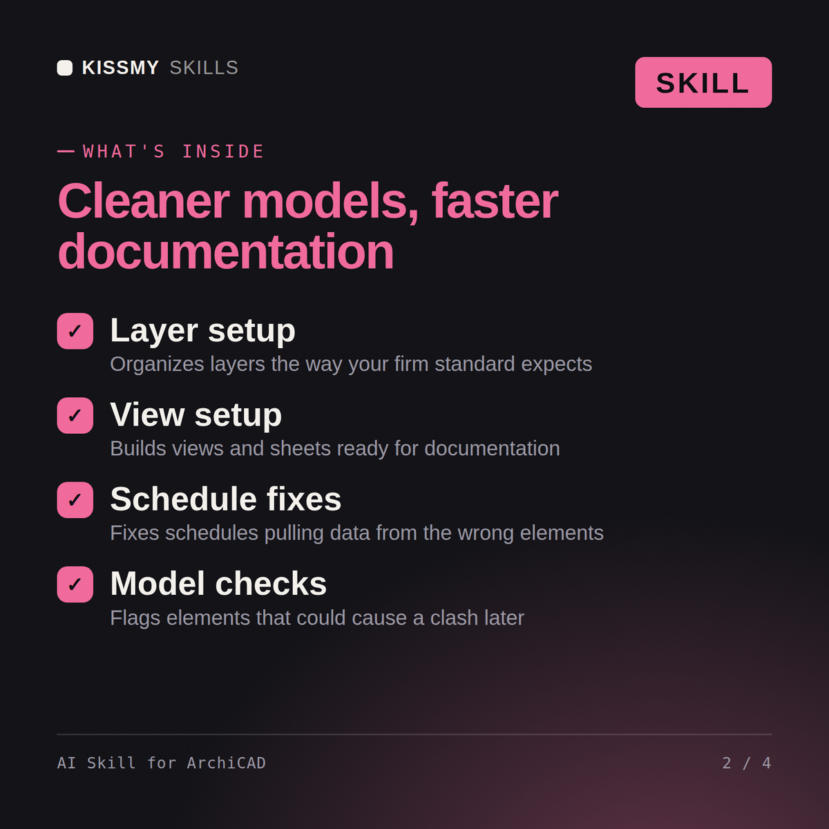 What's inside the AI Skill for ArchiCAD AI skill: Layer setup, View setup, Schedule fixes, Model checks