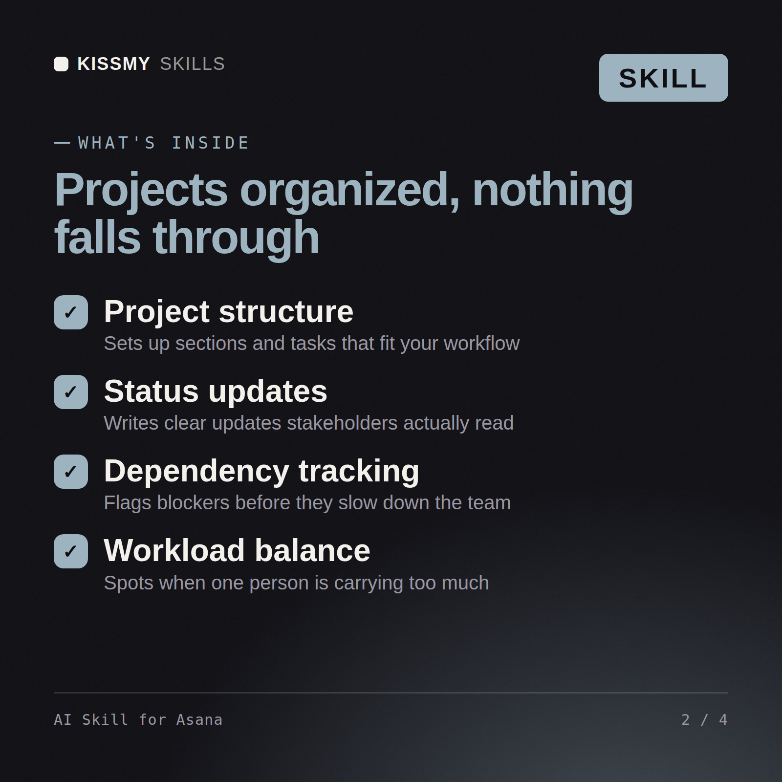 What's inside the AI Skill for Asana AI skill: Project structure, Status updates, Dependency tracking, Workload balance