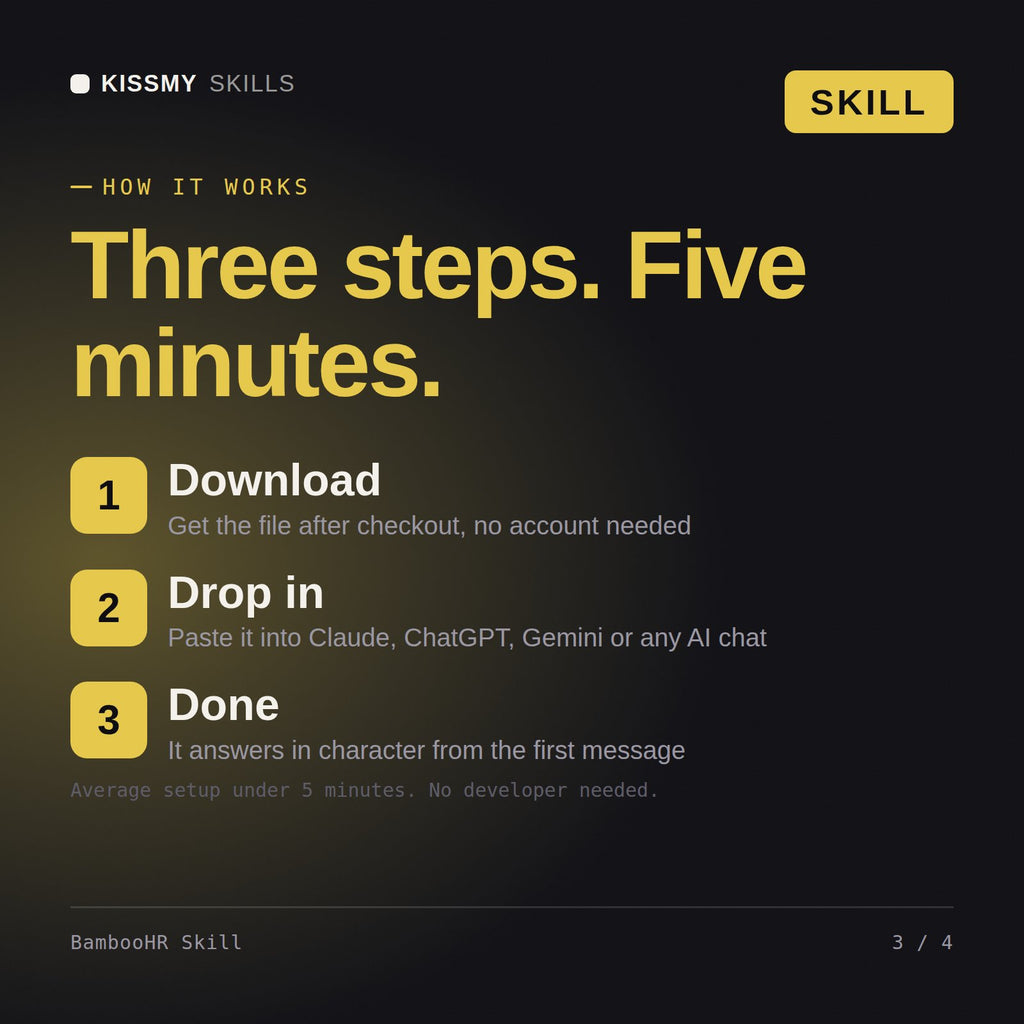How the BambooHR Skill AI skill works in three steps: download, drop it into your AI chat, done